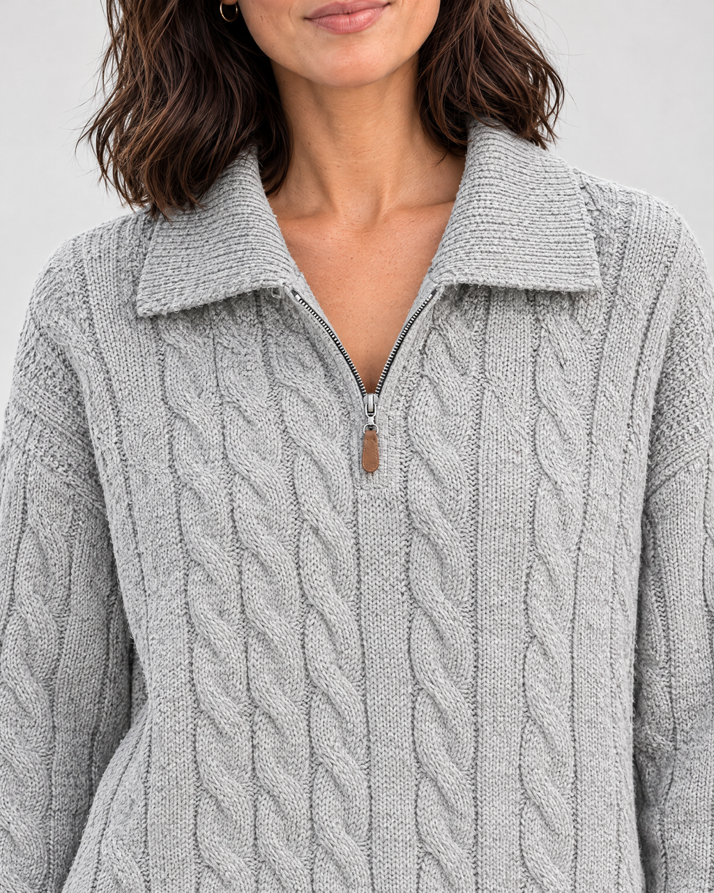 Women's Cable-Knit Quarter-Zip Sweater — Light gray — collar detail [WB gallery 167/4]
