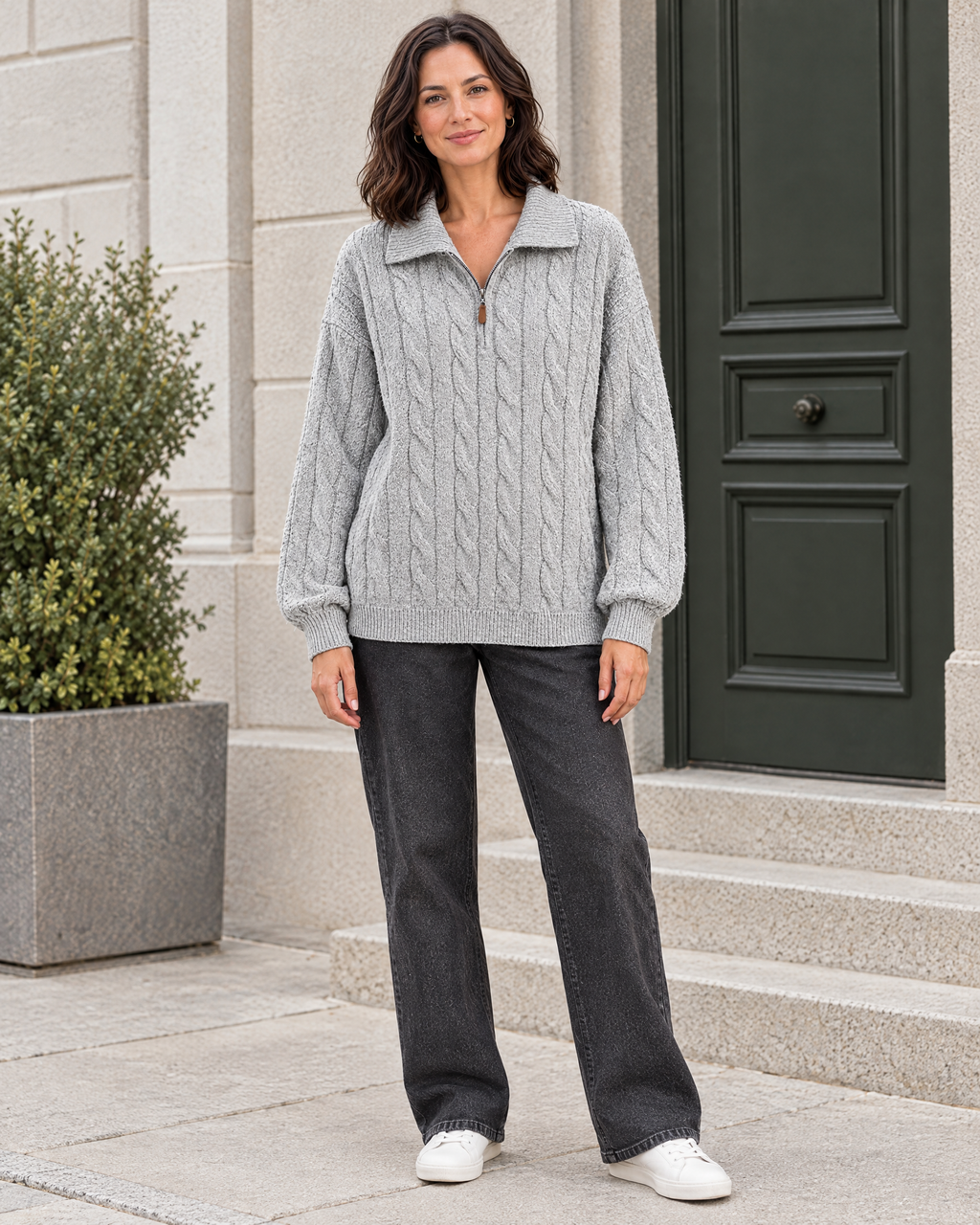 Women's Cable-Knit Quarter-Zip Sweater — Light gray — full front [WB gallery 167/2]