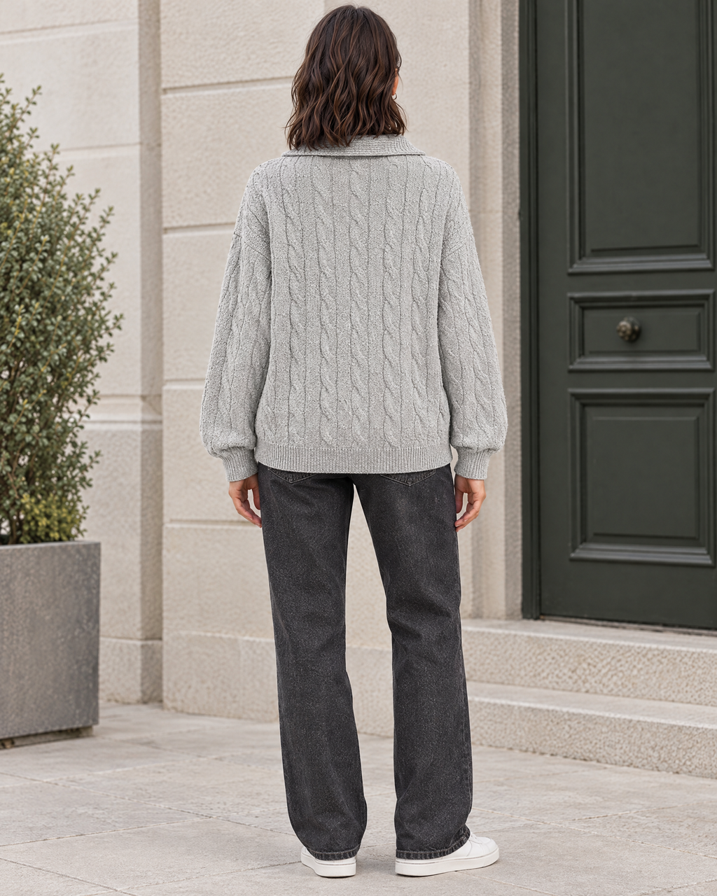 Women's Cable-Knit Quarter-Zip Sweater — Light gray — full back [WB gallery 167/3]
