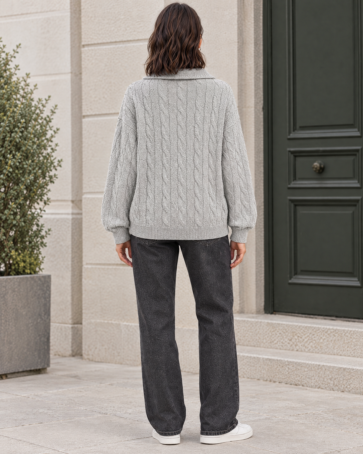 Women's Cable-Knit Quarter-Zip Sweater — Light gray — full back [WB gallery 167/3]