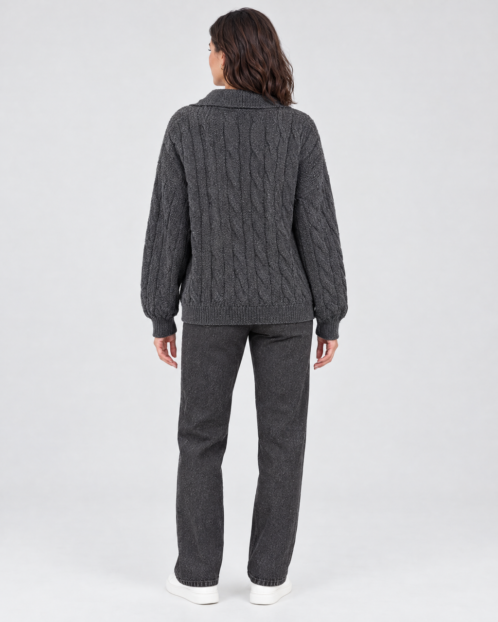 Women's Cable-Knit Quarter-Zip Sweater — Dark gray — full back [WB gallery 168/3]