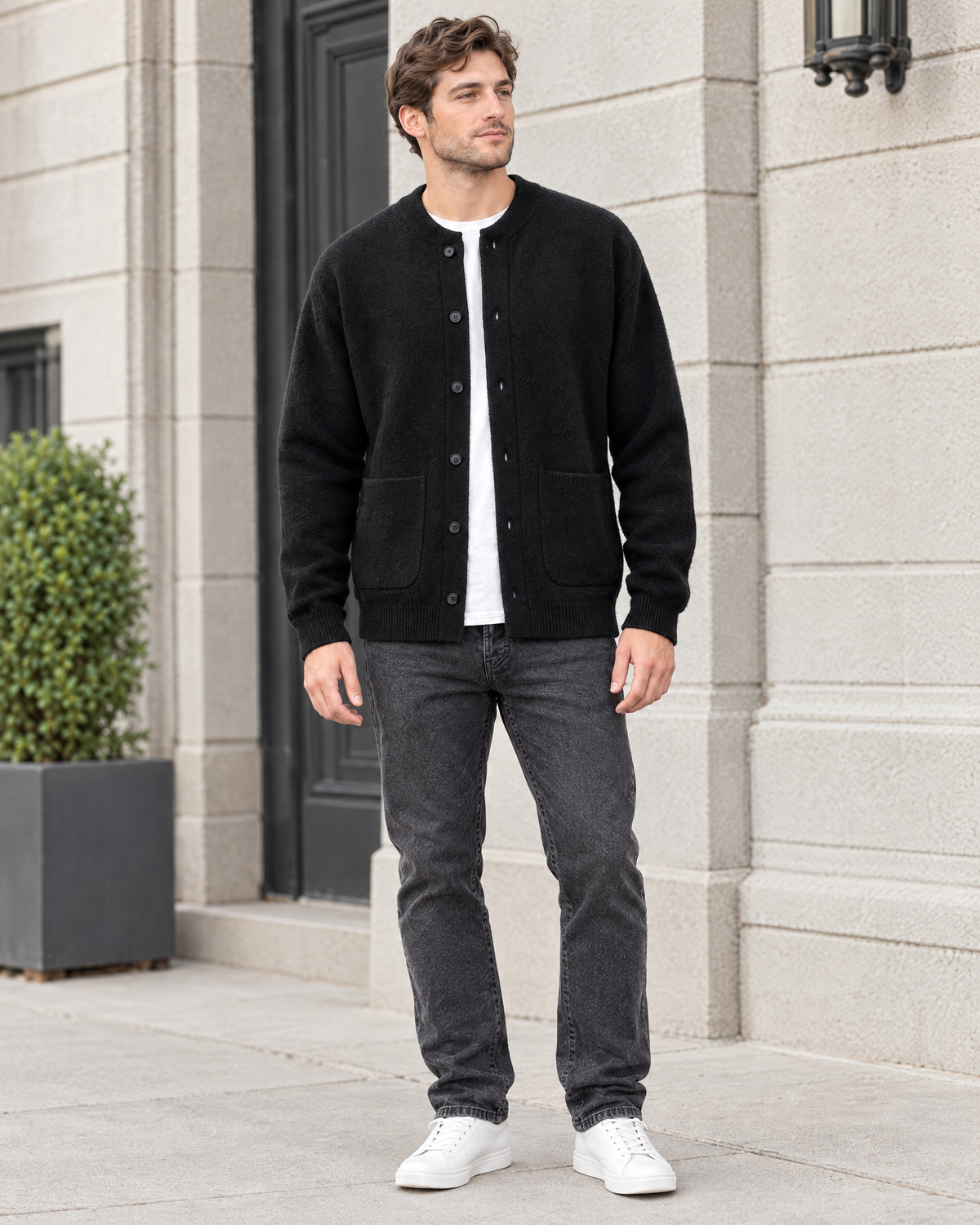 Men's Wool-Blend Button-Front Cardigan — Black — full front [WB gallery 169/2]