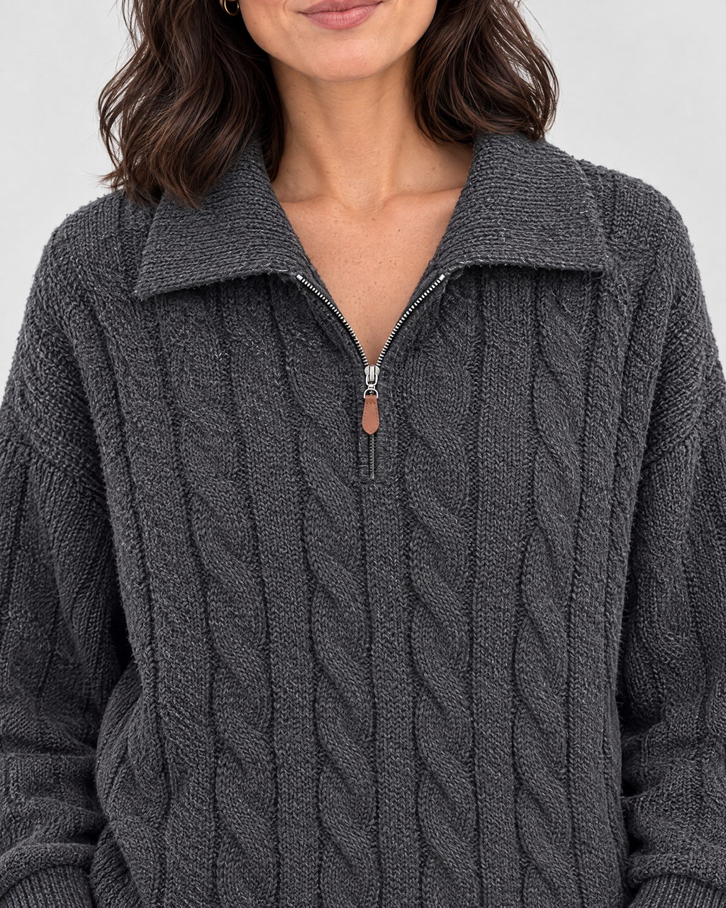 Women's Cable-Knit Quarter-Zip Sweater — Dark gray — collar detail [WB gallery 168/4]