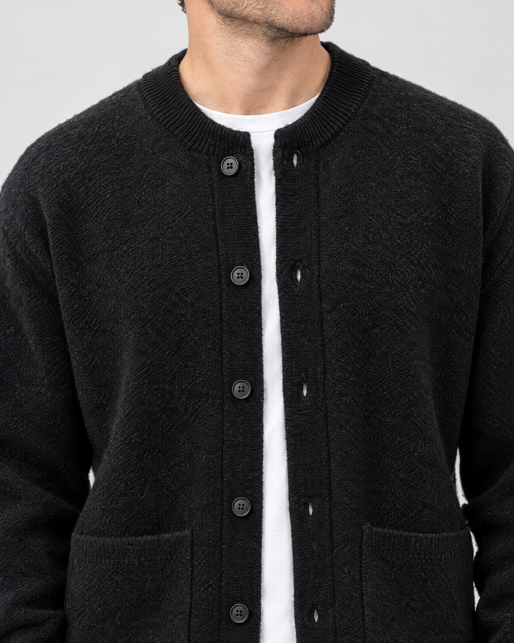 Men's Wool-Blend Button-Front Cardigan — Black — collar detail [WB gallery 169/4]