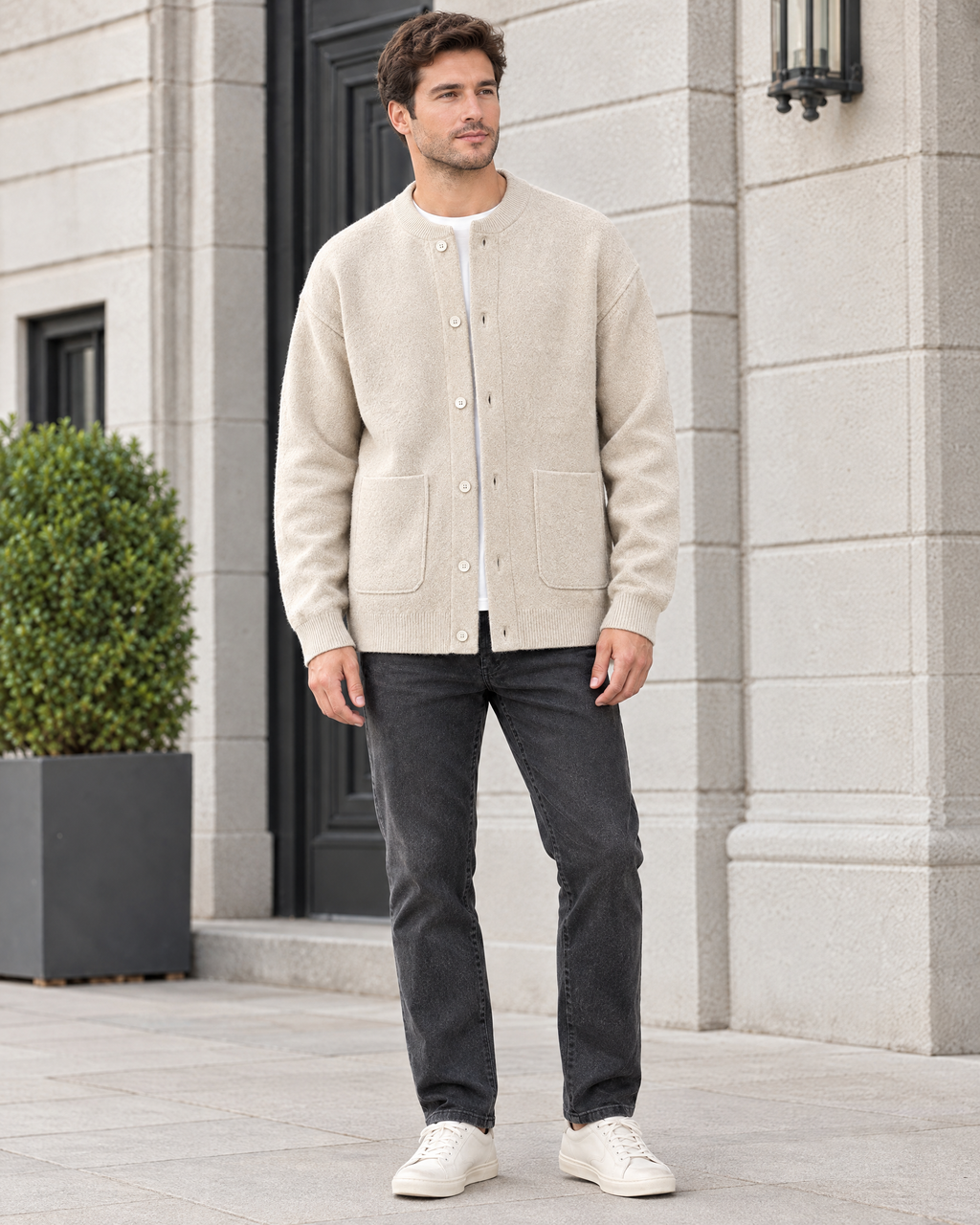 Men's Wool-Blend Button-Front Cardigan — Apricot — full front [WB gallery 170/2]