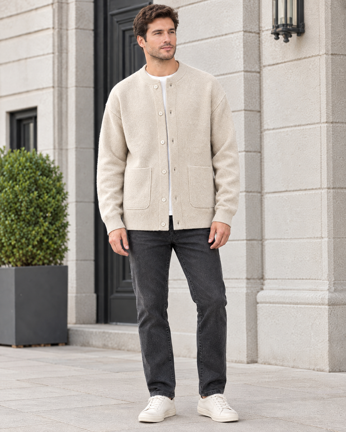 Men's Wool-Blend Button-Front Cardigan — Apricot — full front [WB gallery 170/2]