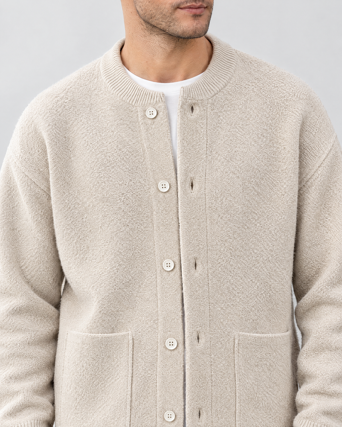 Men's Wool-Blend Button-Front Cardigan — Apricot — collar detail [WB gallery 170/4]