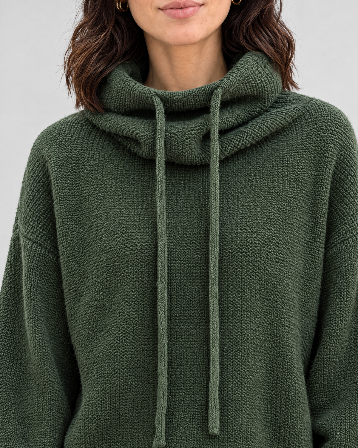 Women's Relaxed High-Neck Sweater — Pine green thick version — collar detail [WB gallery 172/4]