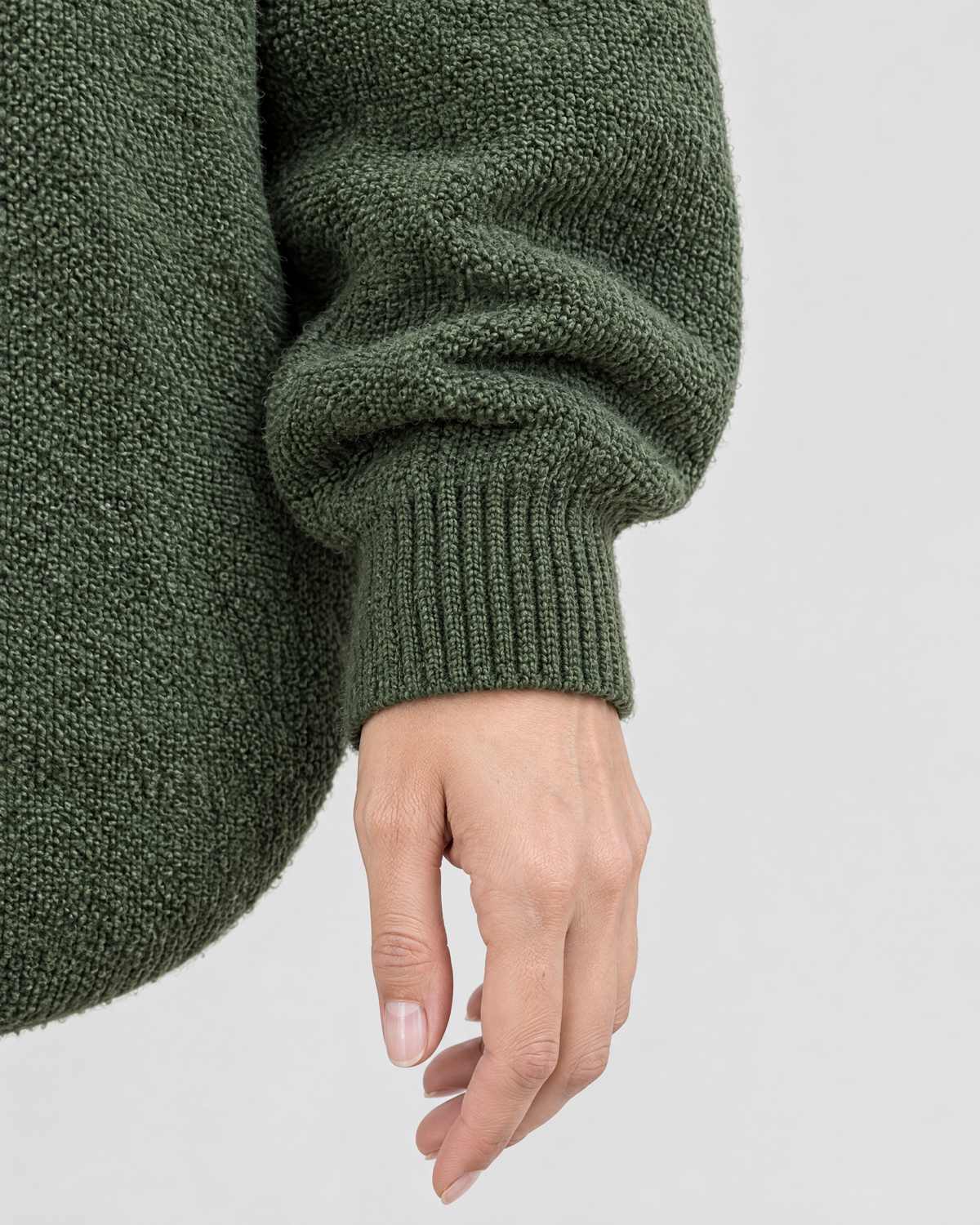 Women's Relaxed High-Neck Sweater — Pine green thick version — cuff detail [WB gallery 172/5]