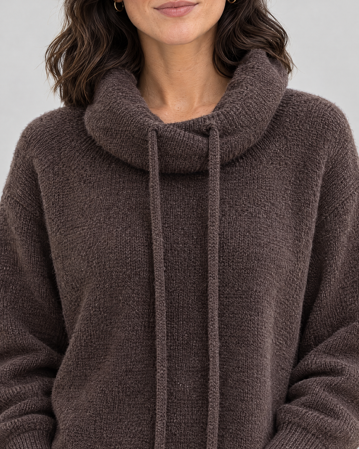 Women's Relaxed High-Neck Sweater — Mocha color thick version — collar detail [WB gallery 173/4]