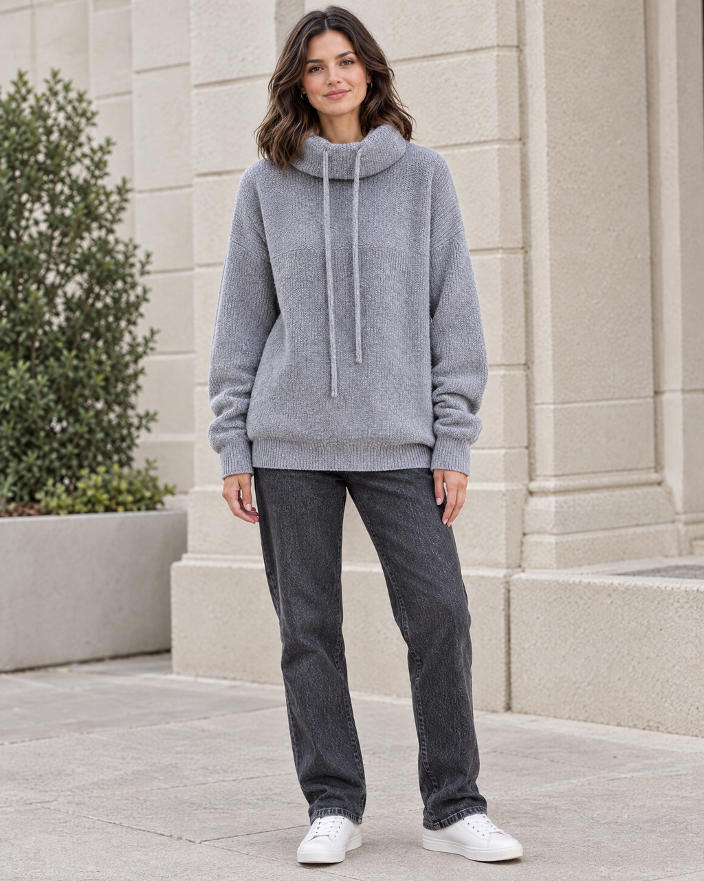 Women's Relaxed High-Neck Sweater — Elegant gray thickened version — full front [WB gallery 174/2]