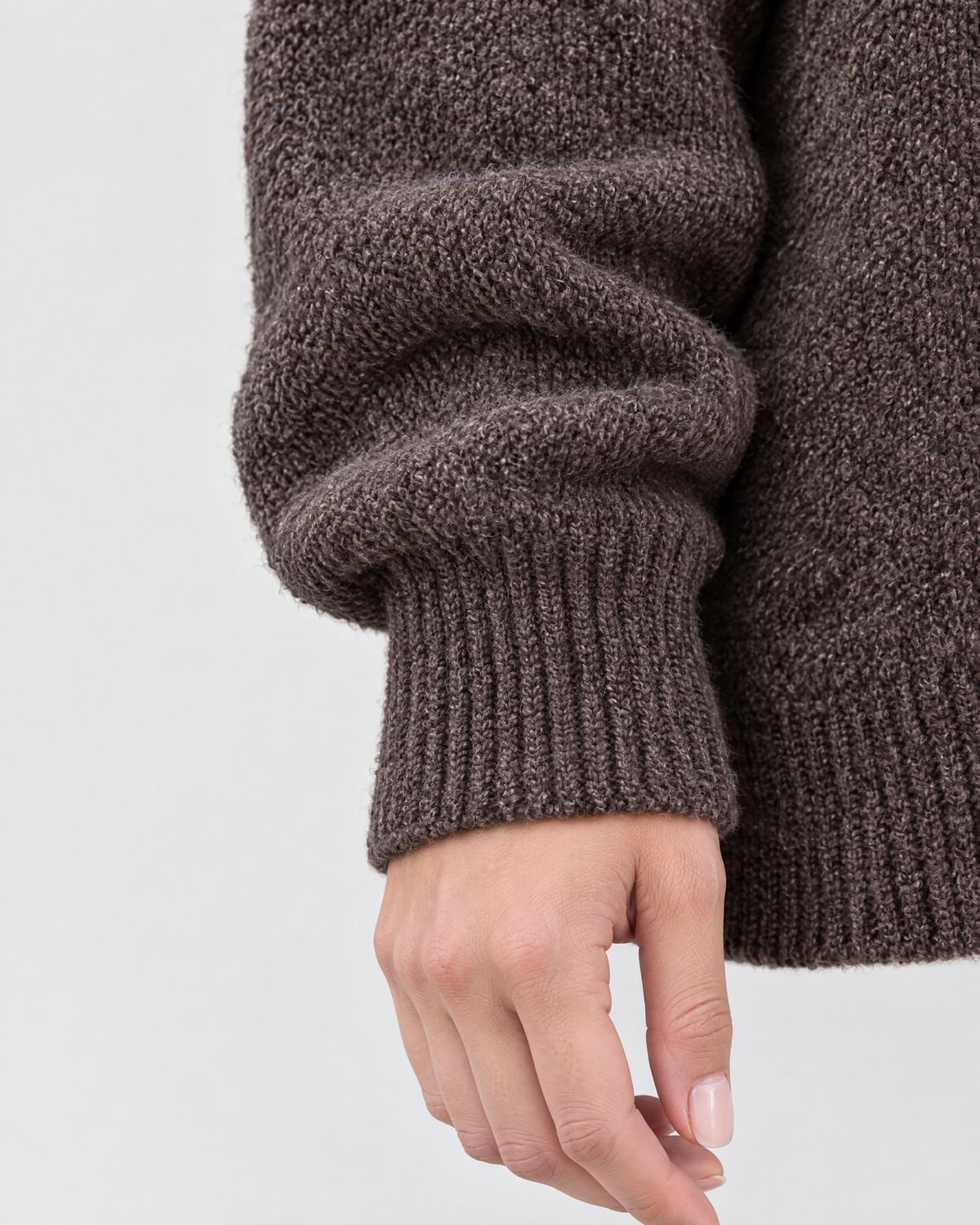 Women's Relaxed High-Neck Sweater — Mocha color thick version — cuff detail [WB gallery 173/5]