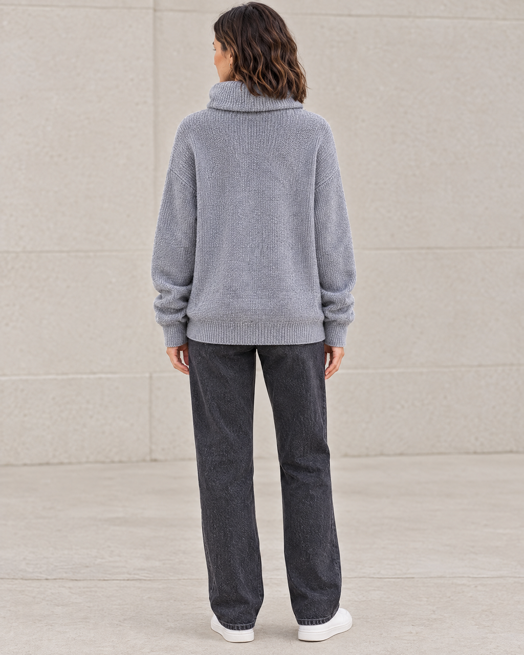 Women's Relaxed High-Neck Sweater — Elegant gray thickened version — full back [WB gallery 174/3]