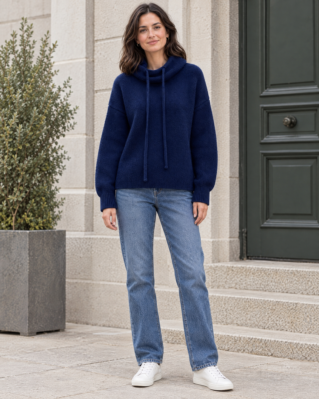 Women's Relaxed High-Neck Sweater — Navy blue thick version — full front [WB gallery 175/2]