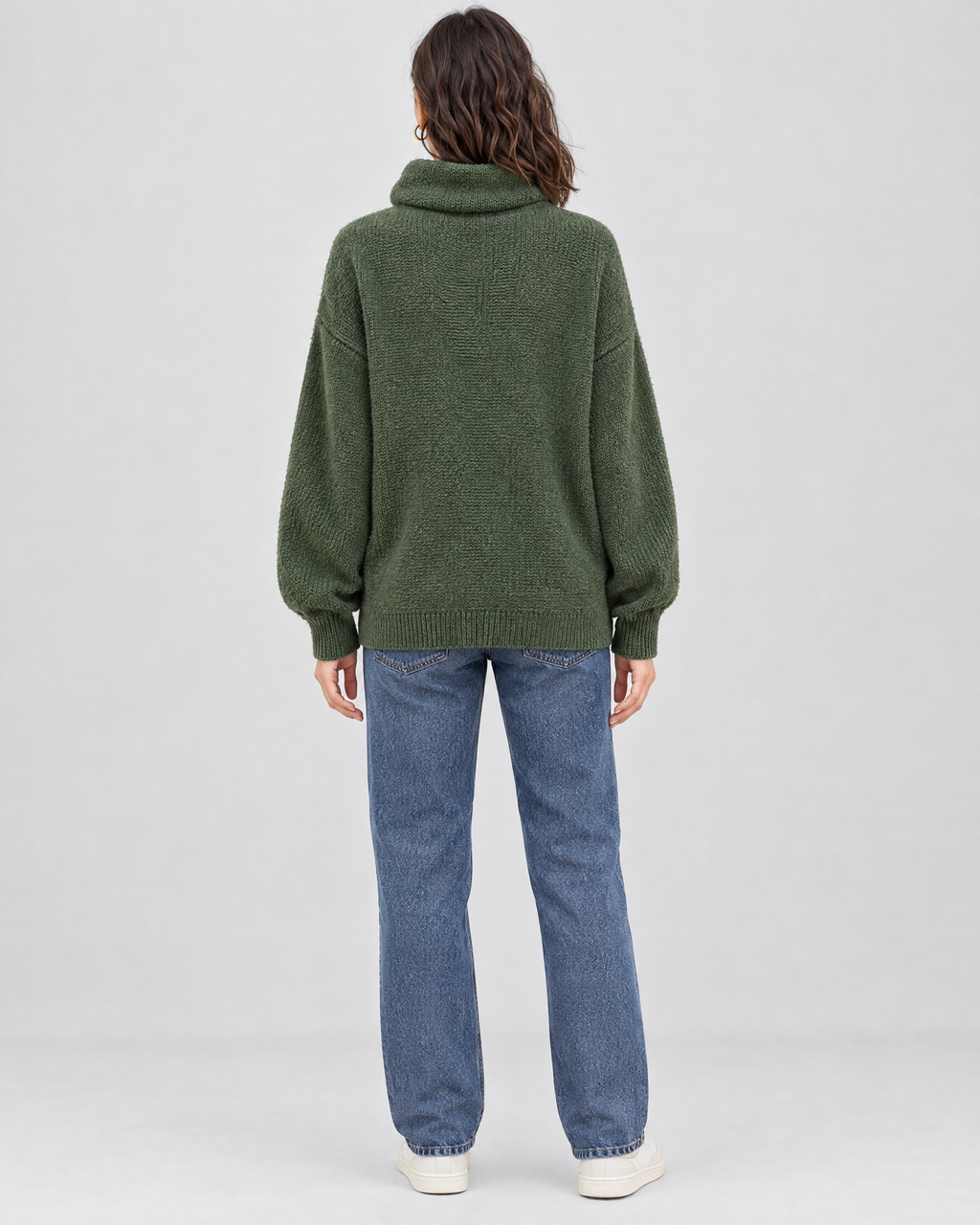 Women's Relaxed High-Neck Sweater — Pine green thick version — full back [WB gallery 172/3]