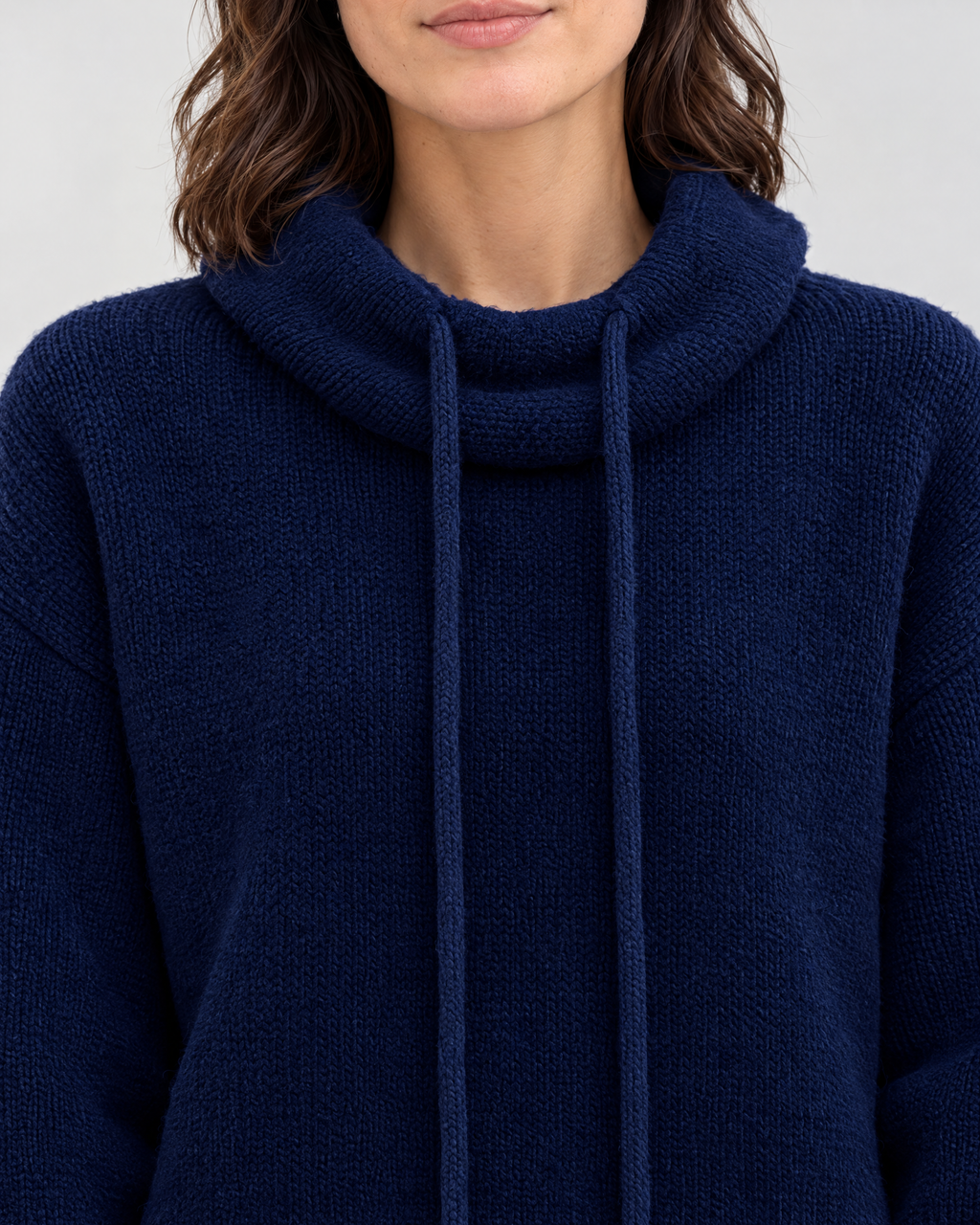 Women's Relaxed High-Neck Sweater — Navy blue thick version — collar detail [WB gallery 175/4]