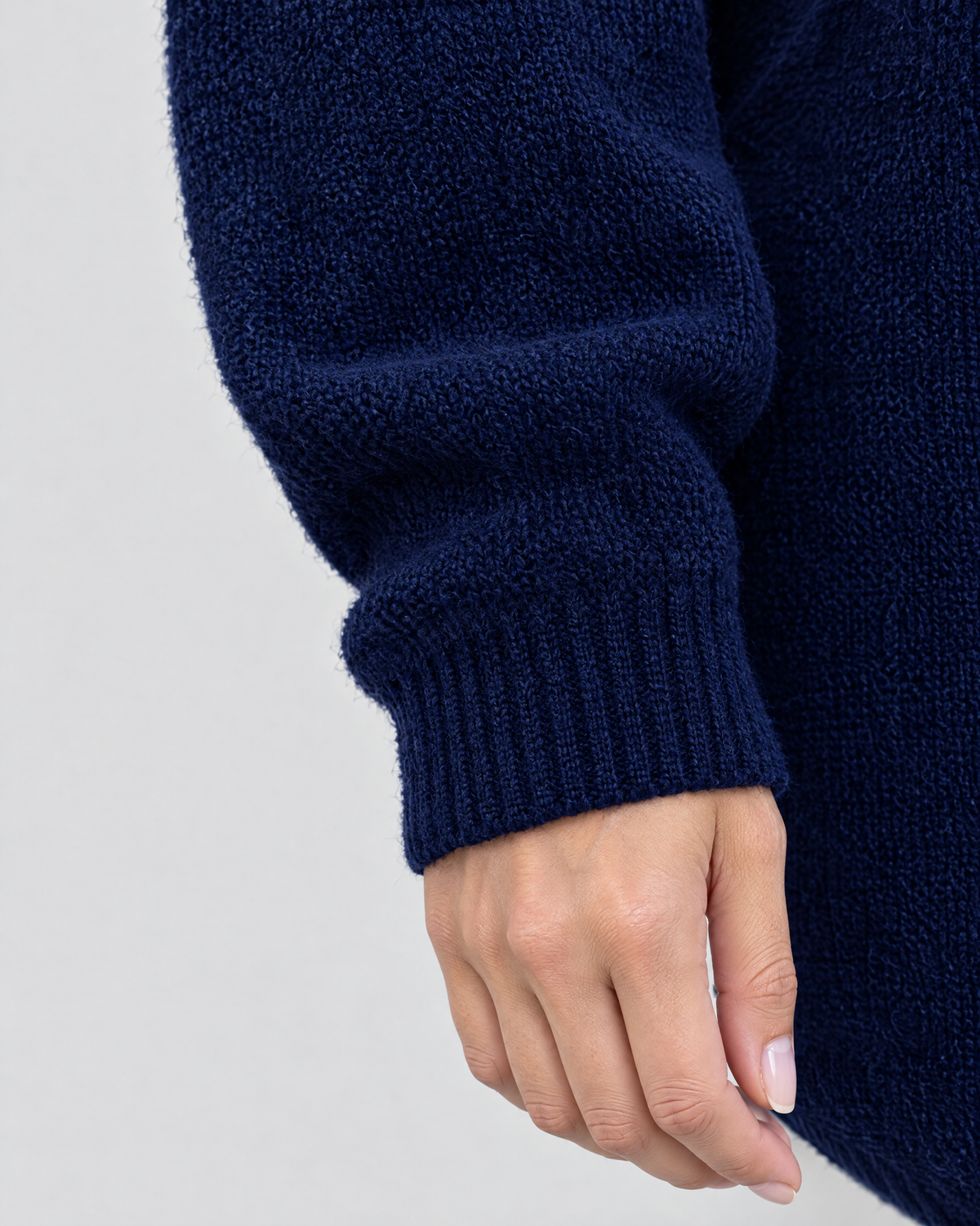 Women's Relaxed High-Neck Sweater — Navy blue thick version — cuff detail [WB gallery 175/5]