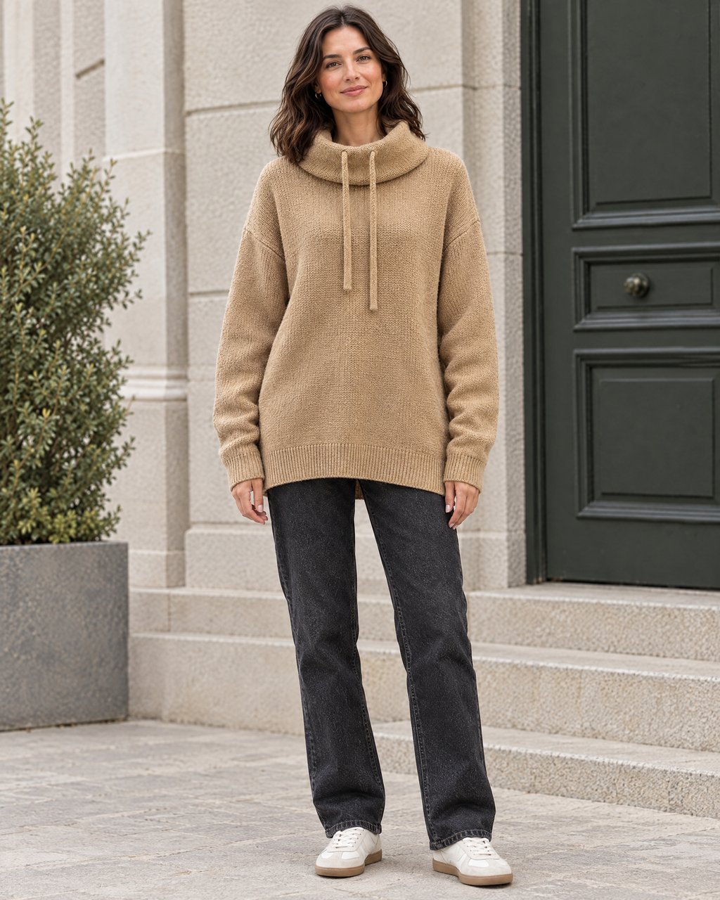 Women's Relaxed High-Neck Sweater — Camel thick version — full front [WB gallery 176/2]