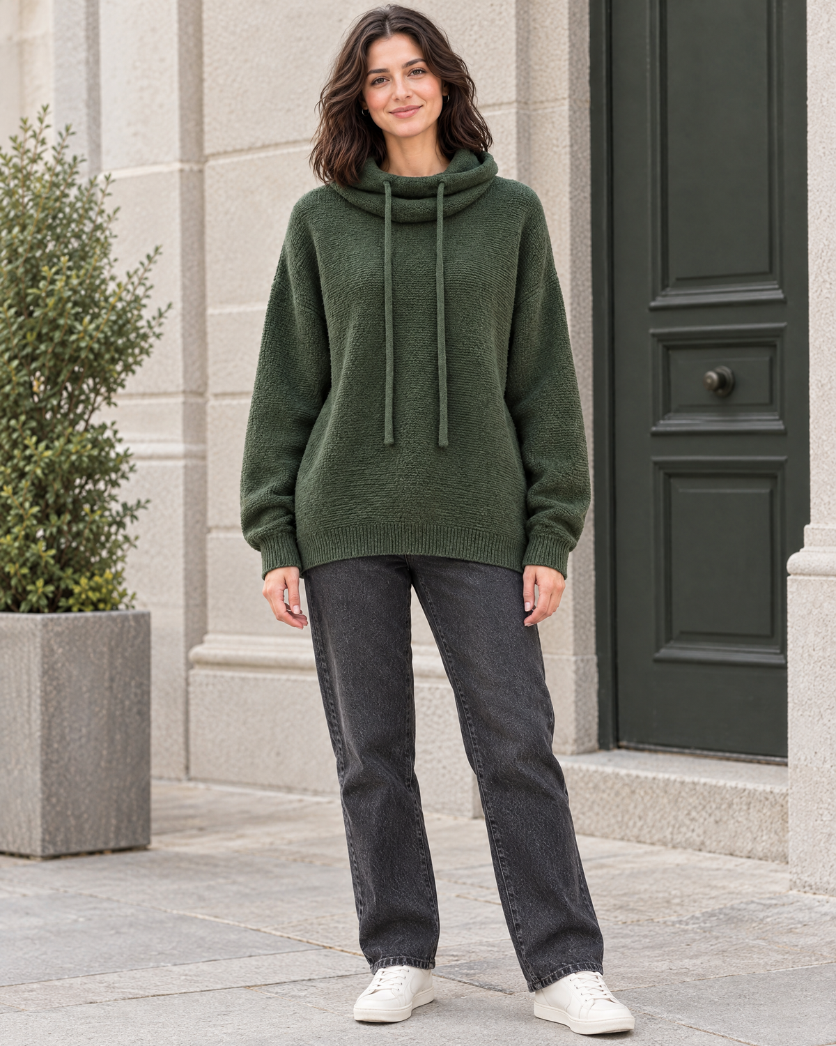 Women's Relaxed High-Neck Sweater — Pine green regular — full front [WB gallery 177/2]