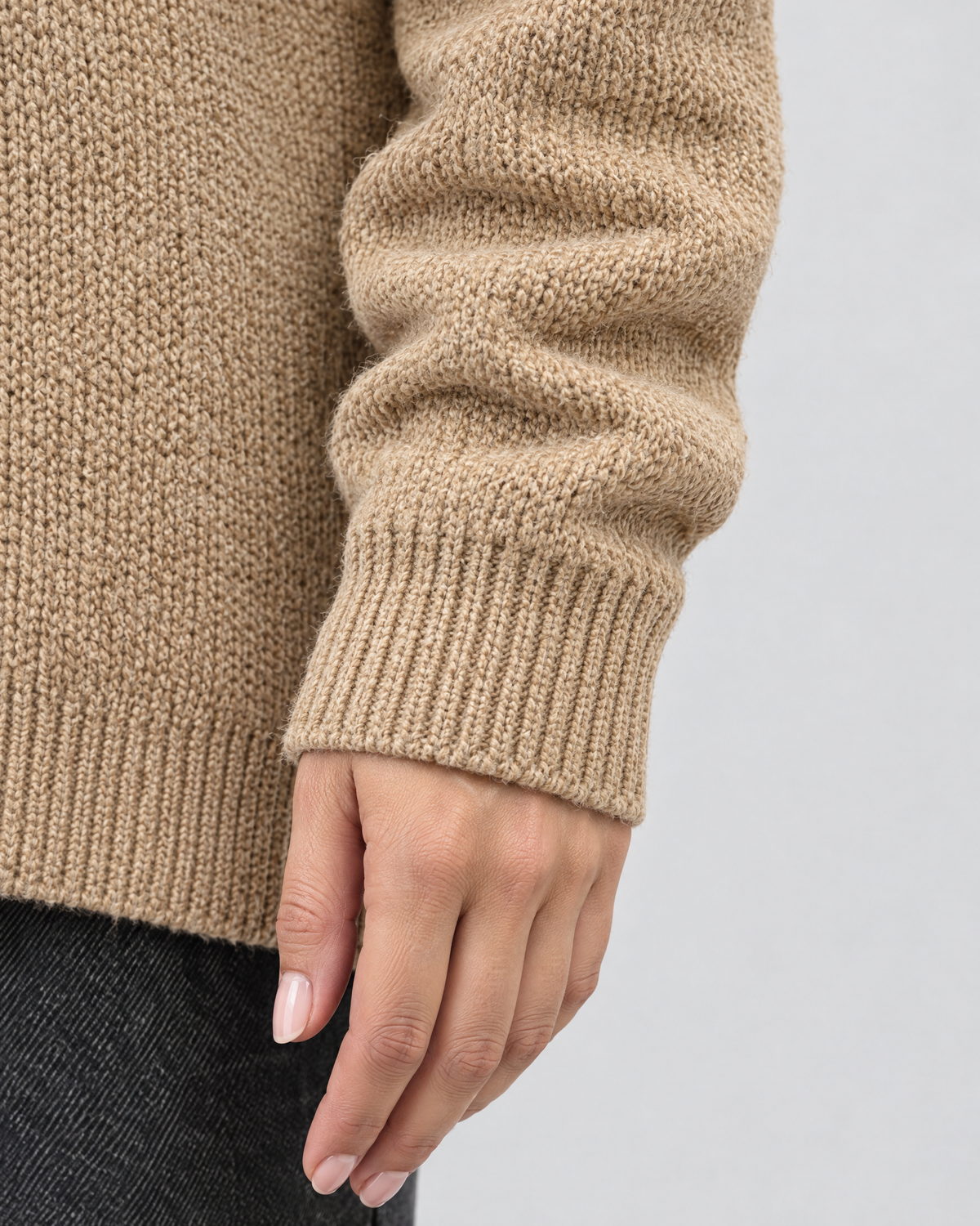 Women's Relaxed High-Neck Sweater — Camel thick version — cuff detail [WB gallery 176/5]