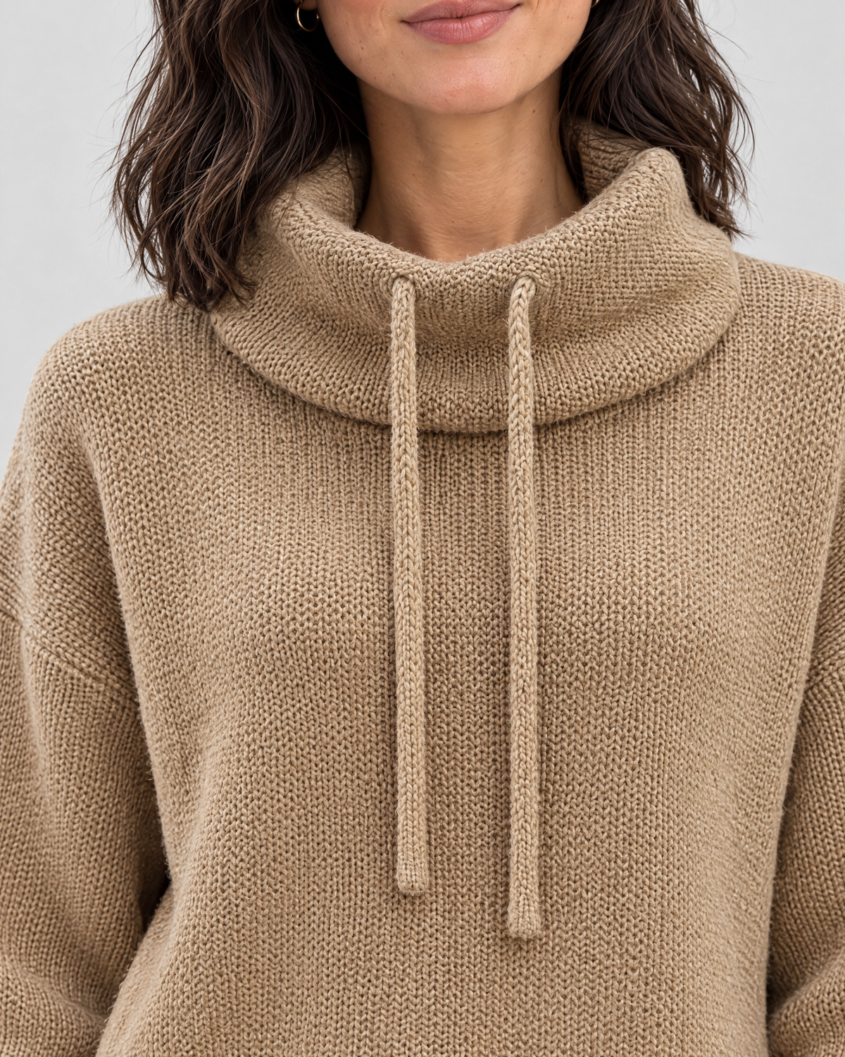 Women's Relaxed High-Neck Sweater — Camel thick version — collar detail [WB gallery 176/4]