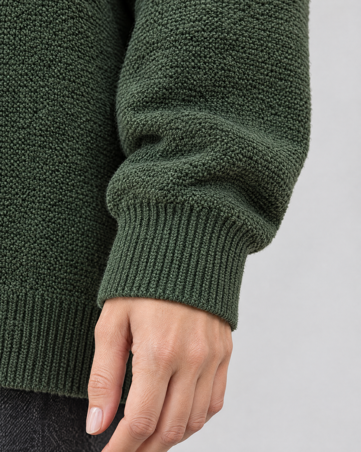 Women's Relaxed High-Neck Sweater — Pine green regular — cuff detail [WB gallery 177/5]