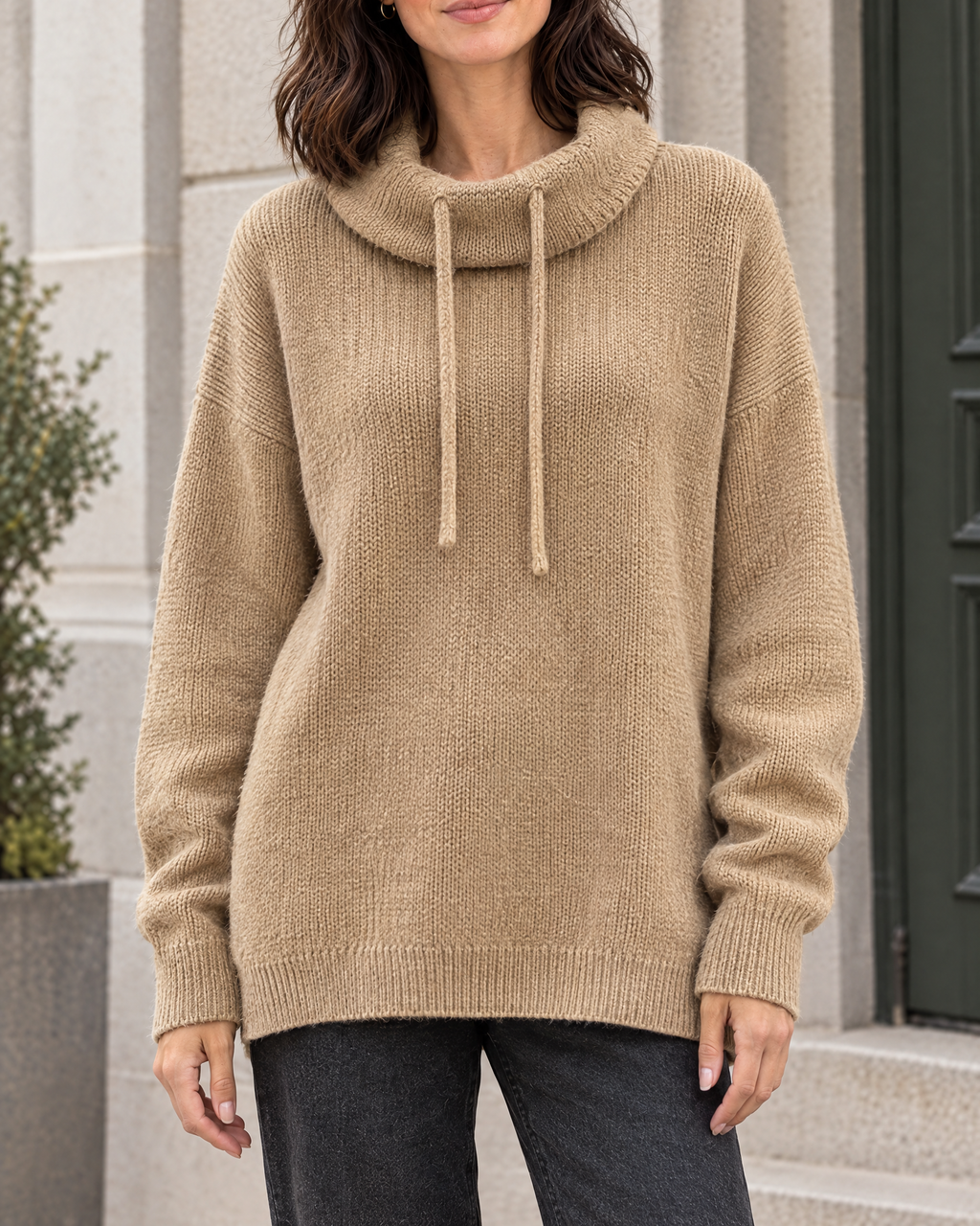 Women's Relaxed High-Neck Sweater — Flower camel color regular — hero [WB gallery 181/1]