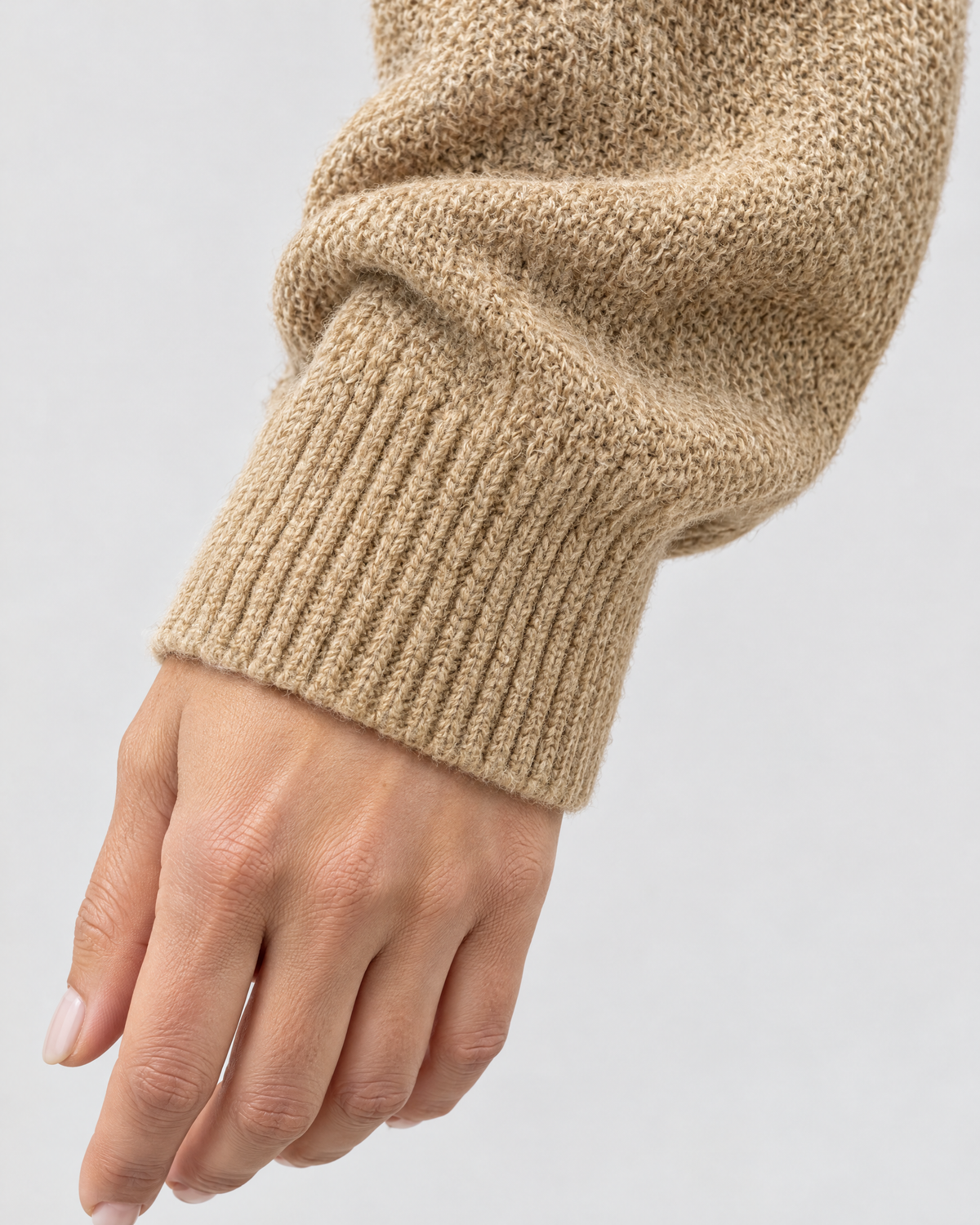 Women's Relaxed High-Neck Sweater — Flower camel color regular — cuff detail [WB gallery 181/5]