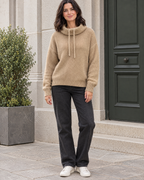 Women's Relaxed High-Neck Sweater — Flower camel color regular — full front [WB gallery 181/2]