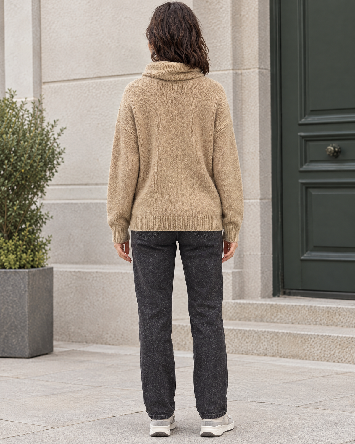 Women's Relaxed High-Neck Sweater — Flower camel color regular — full back [WB gallery 181/3]