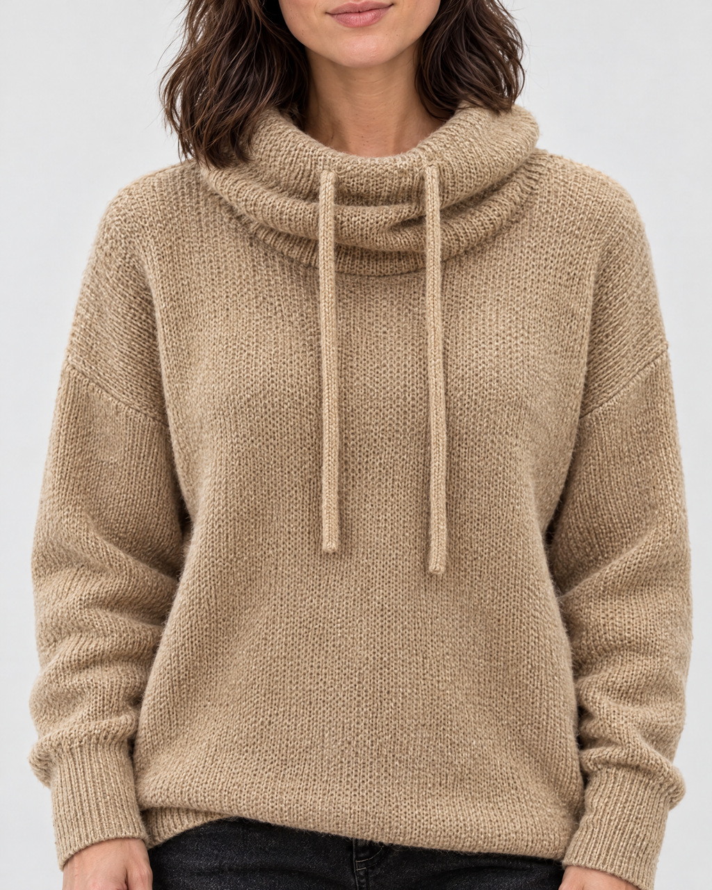 Women's Relaxed High-Neck Sweater — Flower camel color regular — collar detail [WB gallery 181/4]