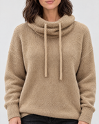 Women's Relaxed High-Neck Sweater — Flower camel color regular — collar detail [WB gallery 181/4]