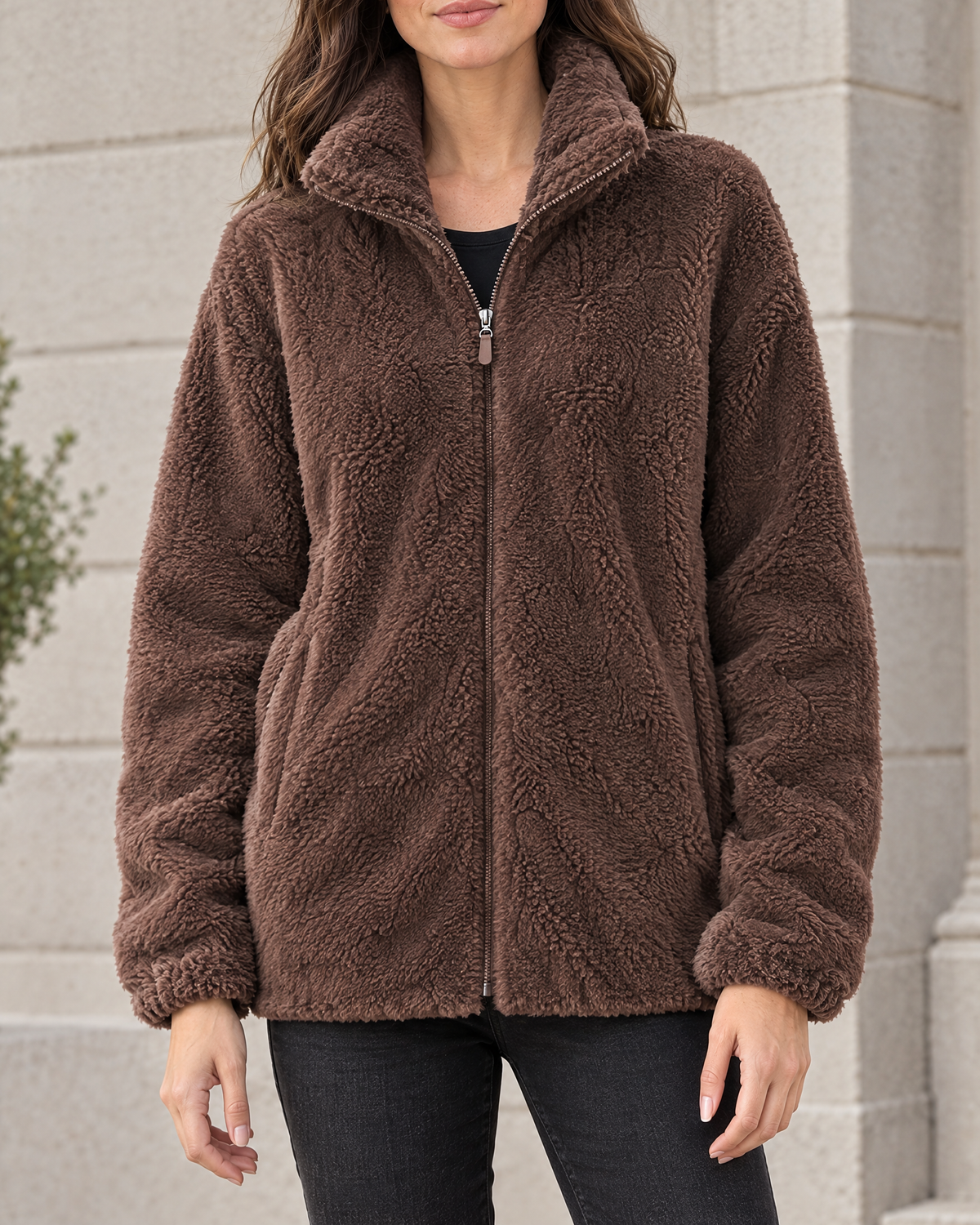 Women's Stand-Collar Fleece Jacket — Dark brown — hero [WB gallery 182/1]