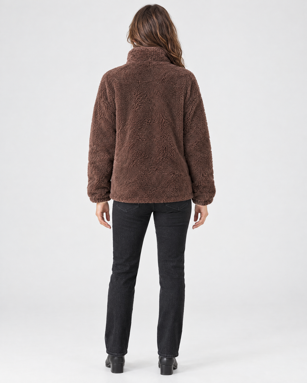 Women's Stand-Collar Fleece Jacket — Dark brown — full back [WB gallery 182/3]