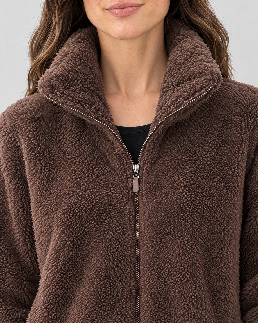 Women's Stand-Collar Fleece Jacket — Dark brown — collar detail [WB gallery 182/4]