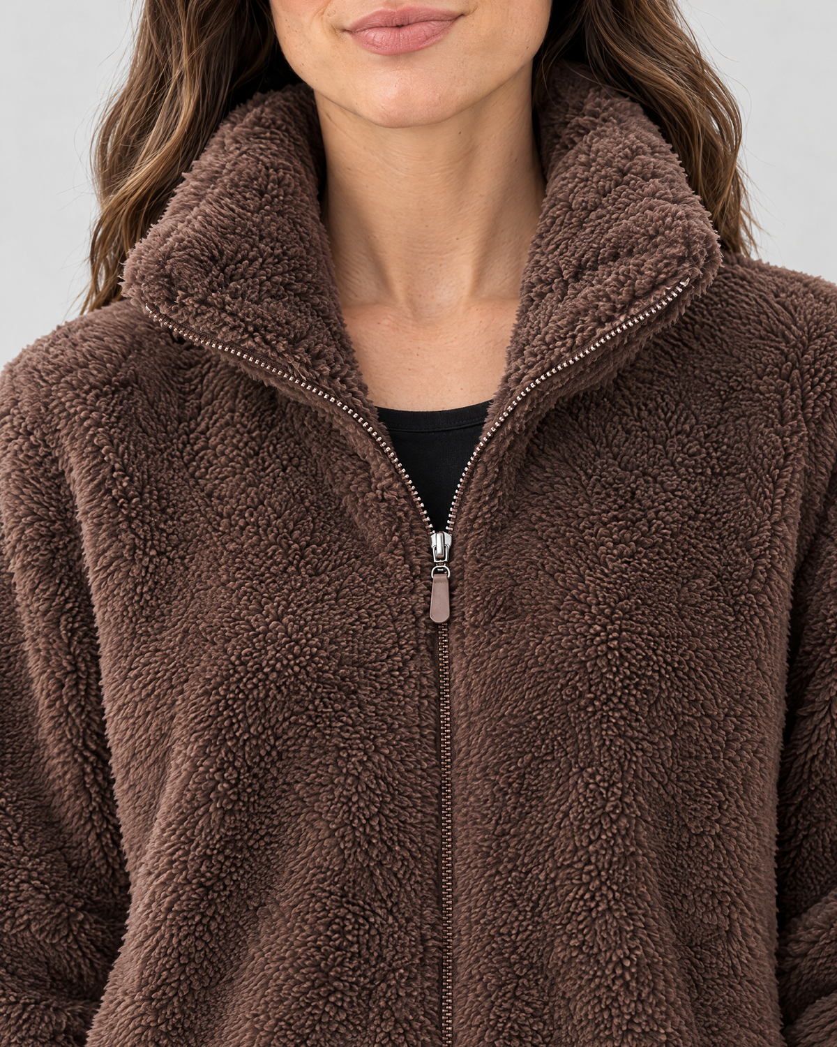 Women's Stand-Collar Fleece Jacket — Dark brown — collar detail [WB gallery 182/4]