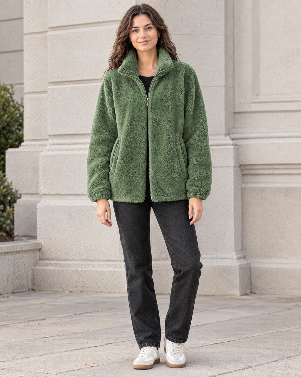 Women's Stand-Collar Fleece Jacket — Green — full front [WB gallery 183/2]