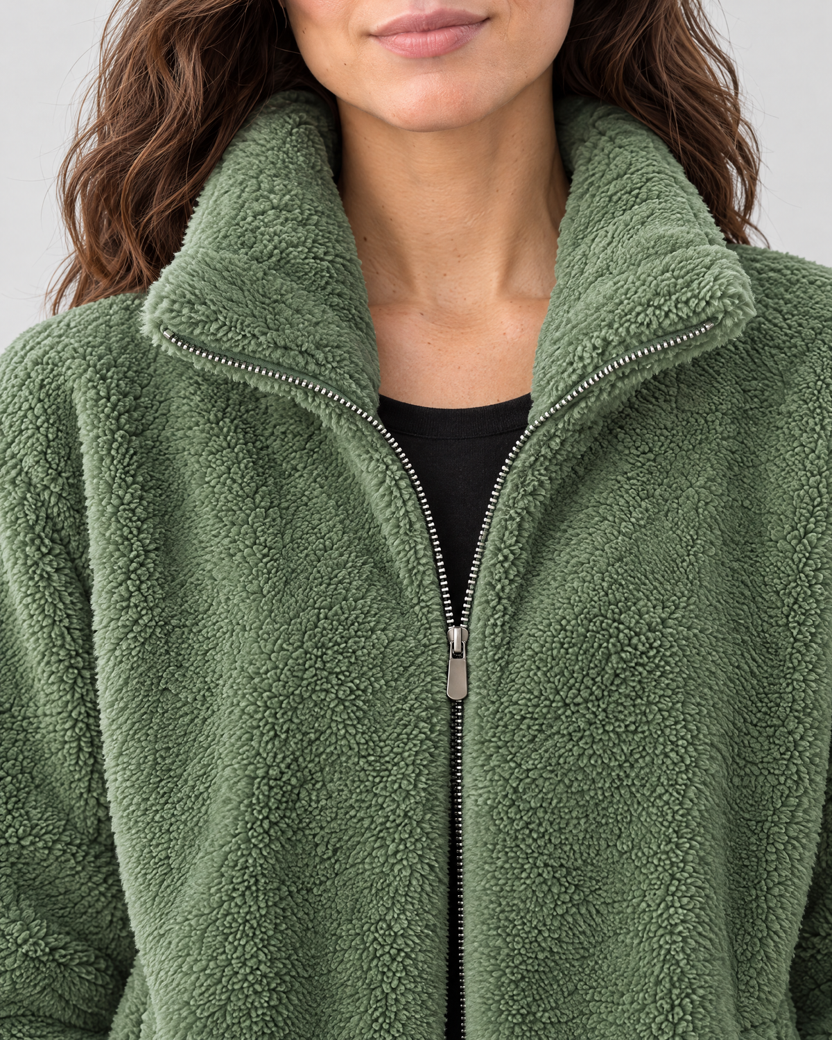 Women's Stand-Collar Fleece Jacket — Green — collar detail [WB gallery 183/4]