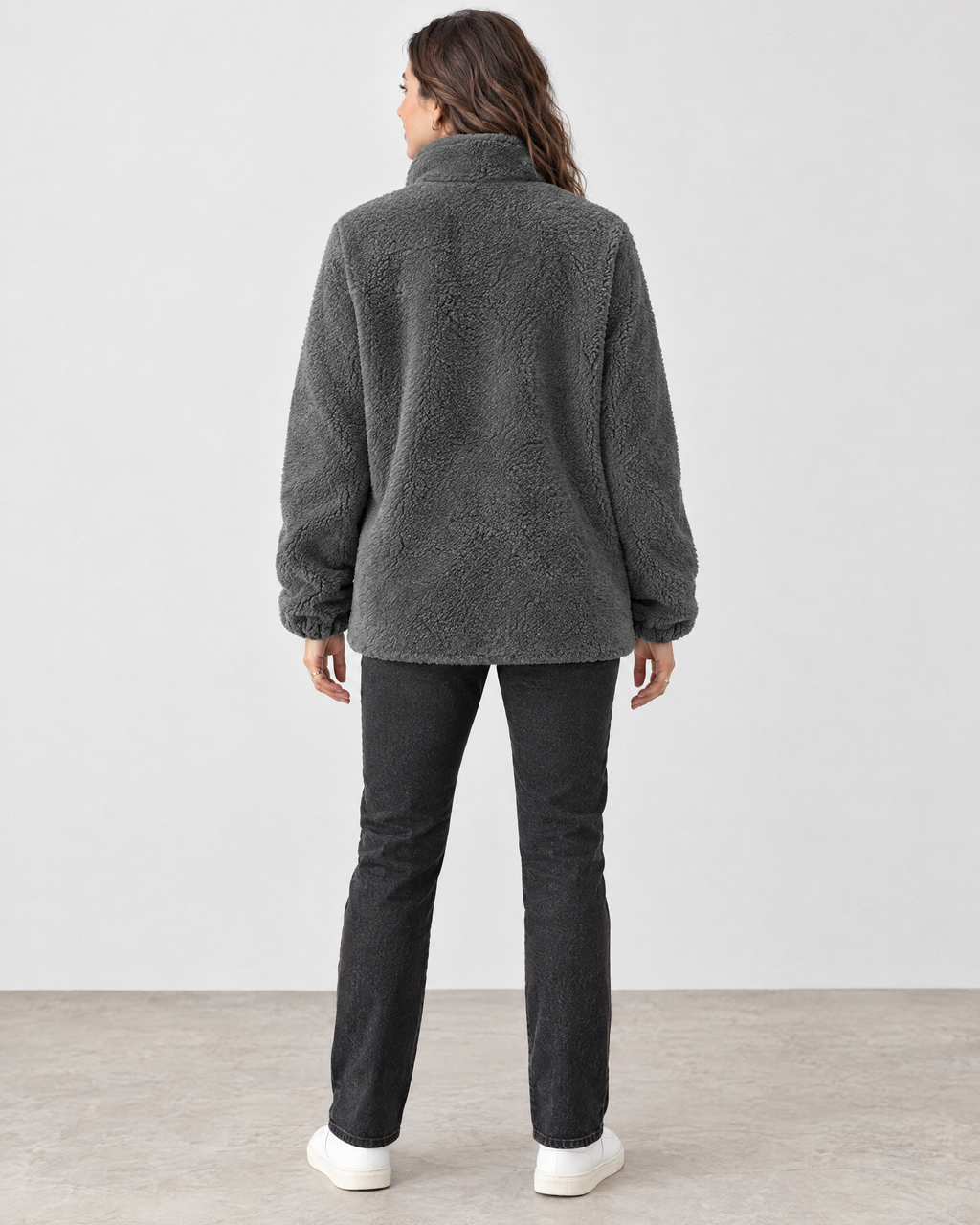 Women's Stand-Collar Fleece Jacket — Dark gray — full back [WB gallery 184/3]