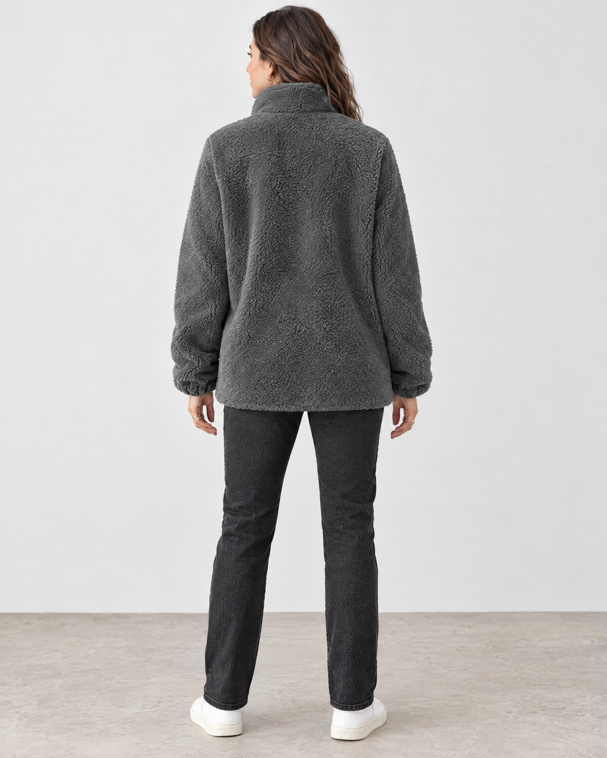 Women's Stand-Collar Fleece Jacket — Dark gray — full back [WB gallery 184/3]