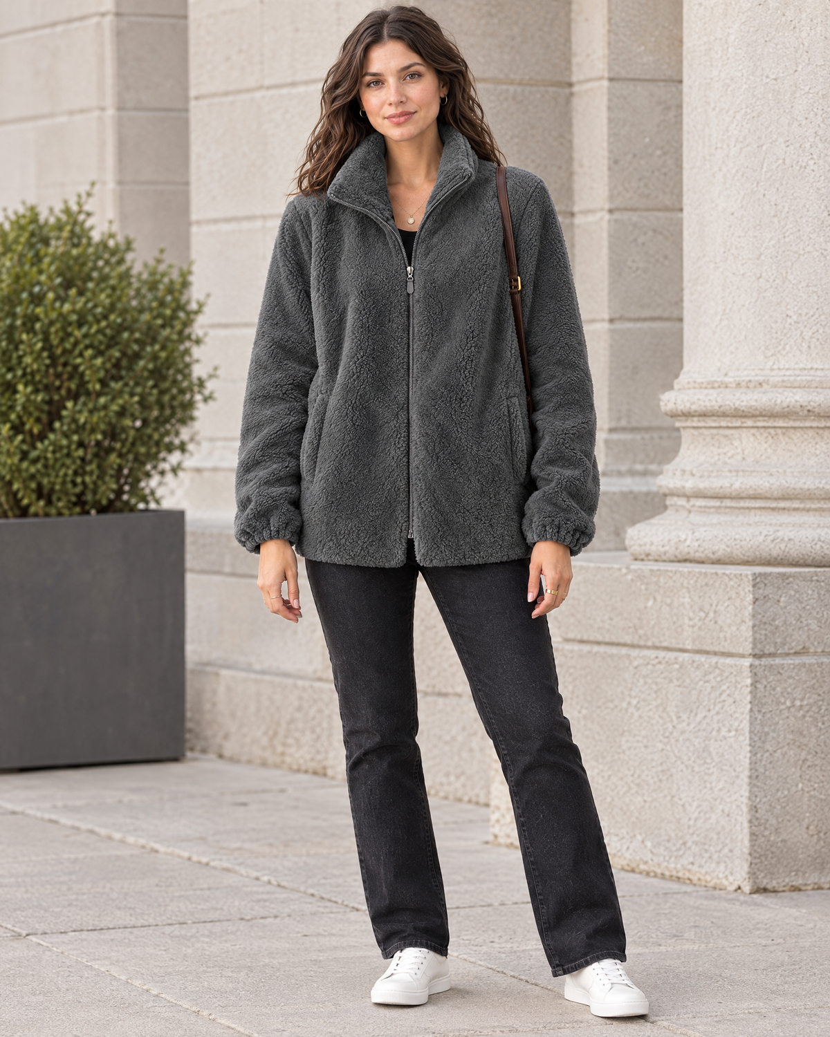 Women's Stand-Collar Fleece Jacket — Dark gray — full front [WB gallery 184/2]