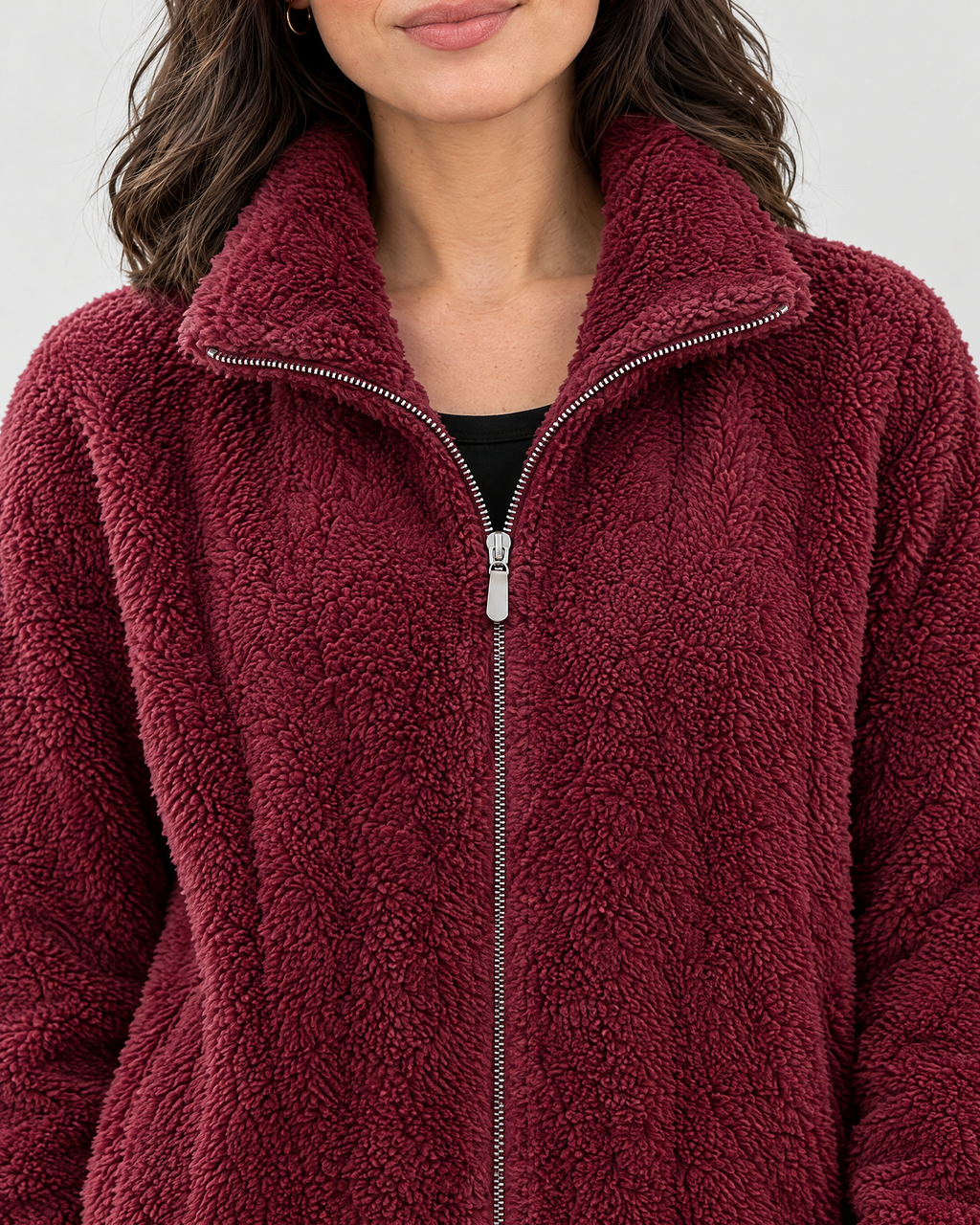 Women's Stand-Collar Fleece Jacket — Wine red — collar detail [WB gallery 186/4]