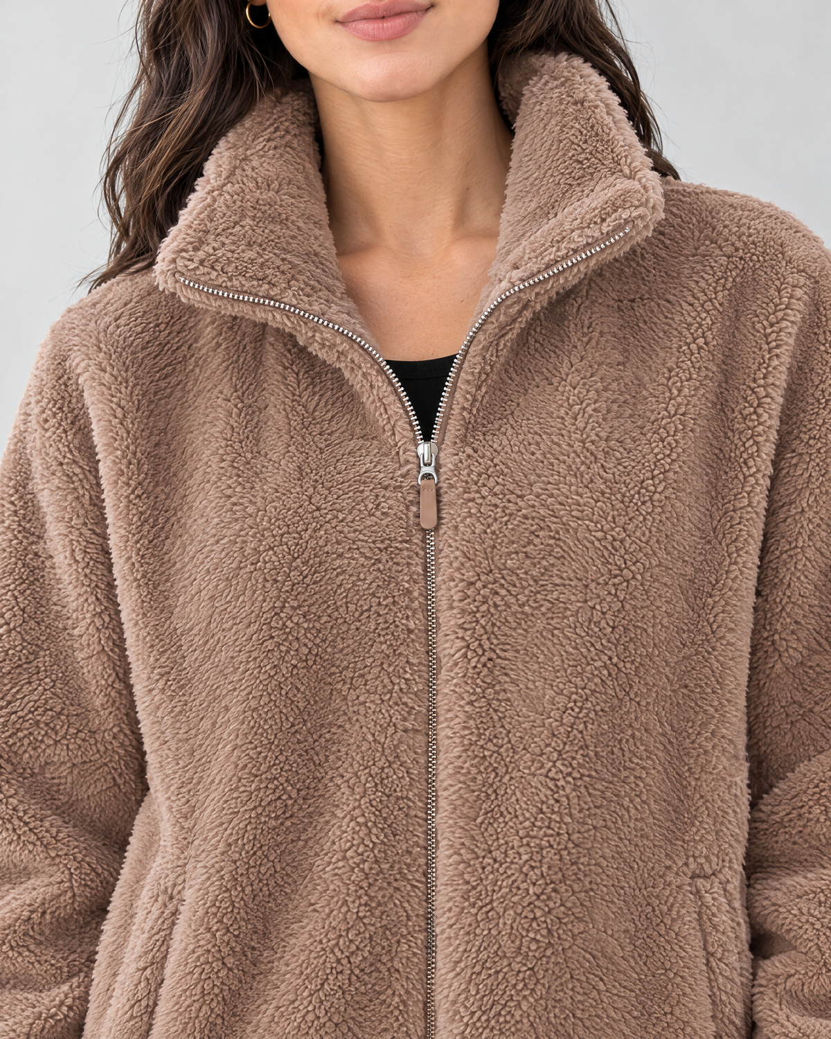 Women's Stand-Collar Fleece Jacket — Light brown — collar detail [WB gallery 187/4]