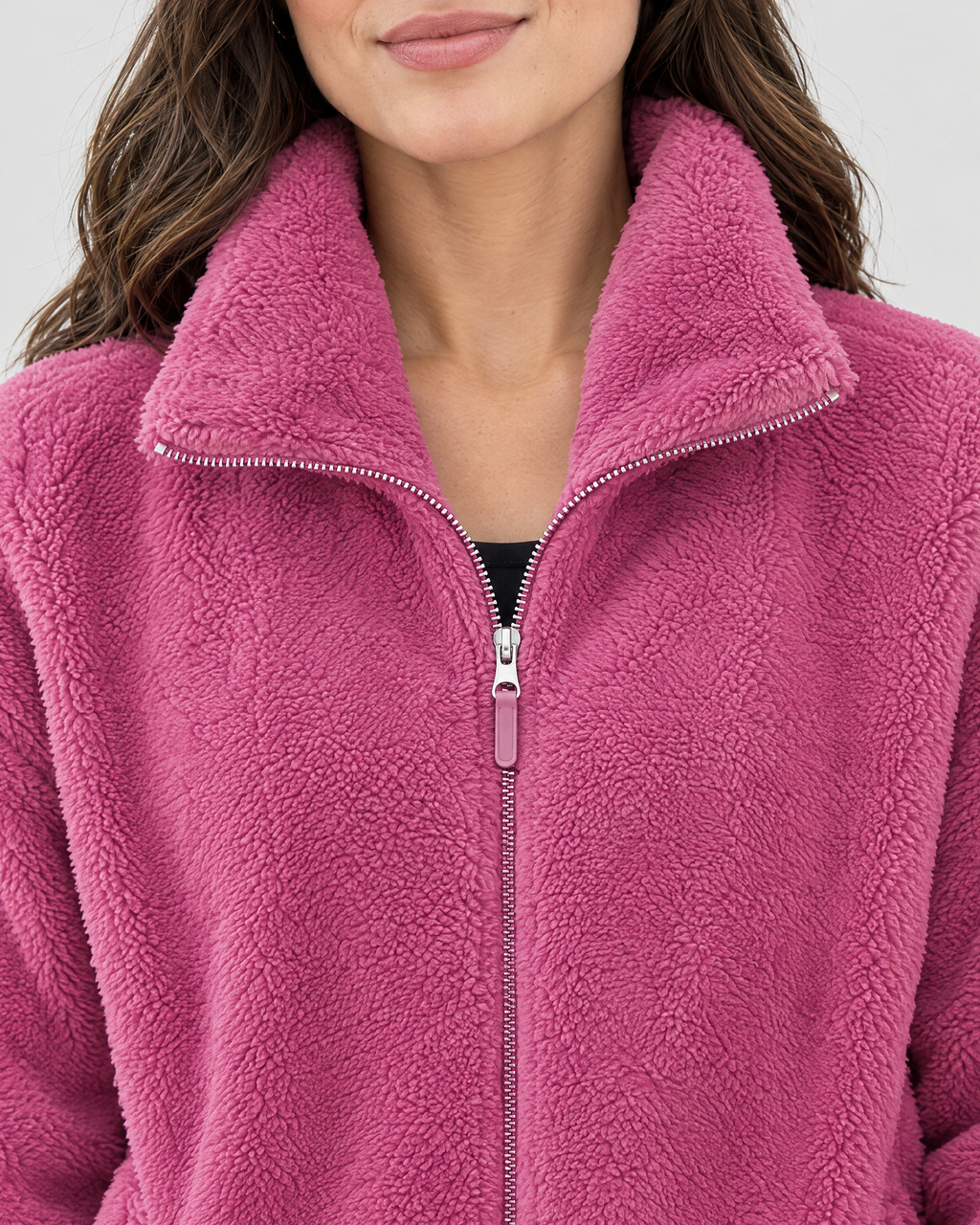 Women's Stand-Collar Fleece Jacket — Rose red — collar detail [WB gallery 188/4]