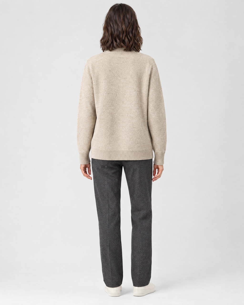 Women's Stand-Collar Wool Cardigan — Beige — full back [WB gallery 189/3]