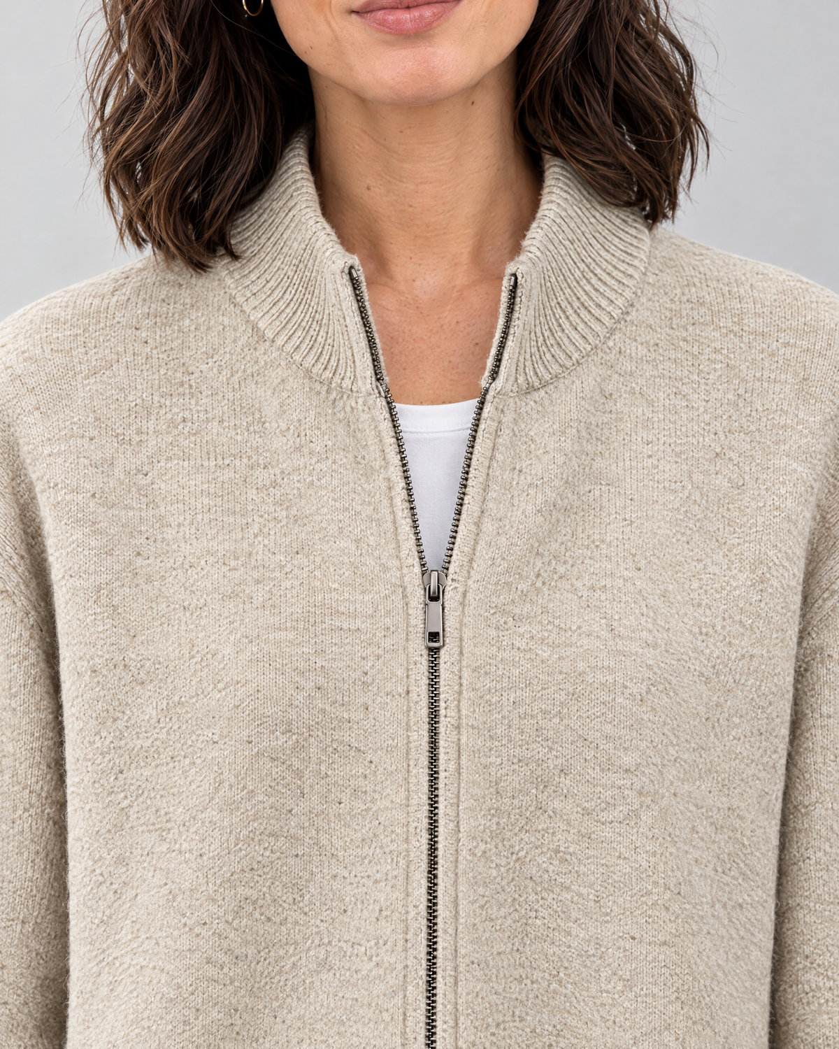 Women's Stand-Collar Wool Cardigan — Beige — collar detail [WB gallery 189/4]