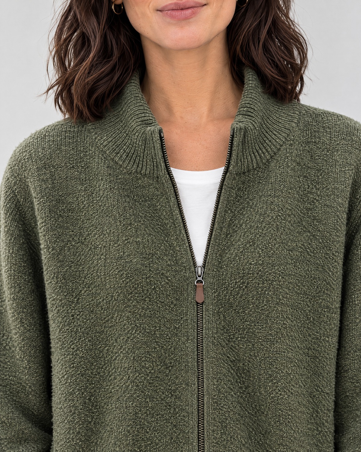 Women's Stand-Collar Wool Cardigan — Olive green — collar detail [WB gallery 190/4]