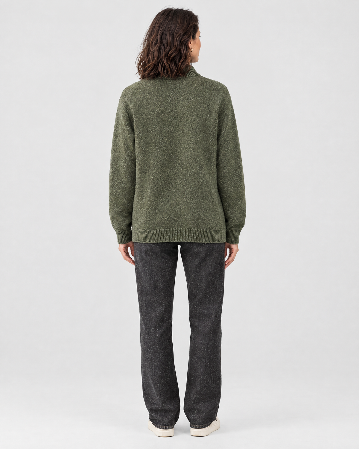 Women's Stand-Collar Wool Cardigan — Olive green — full back [WB gallery 190/3]