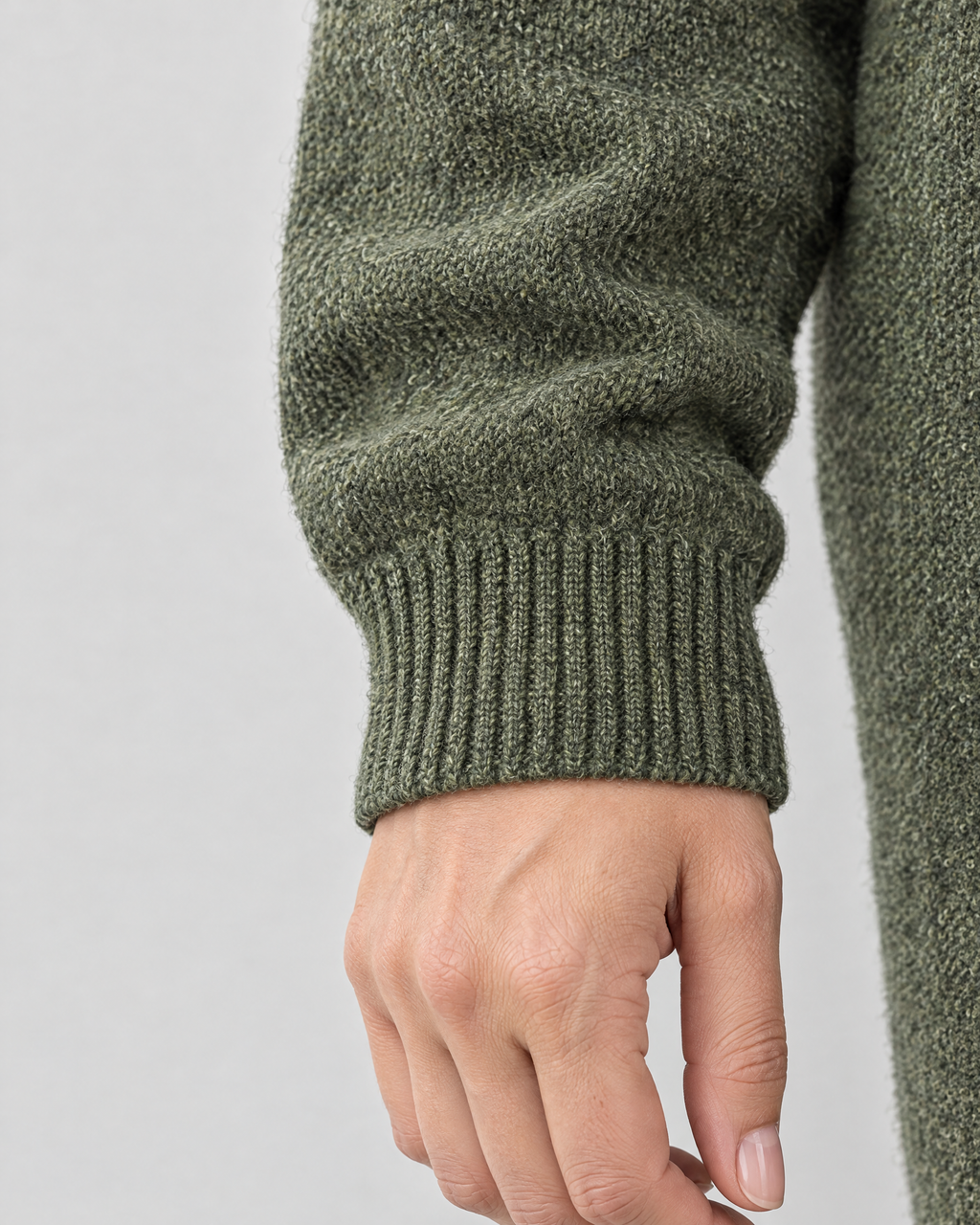 Women's Stand-Collar Wool Cardigan — Olive green — cuff detail [WB gallery 190/5]
