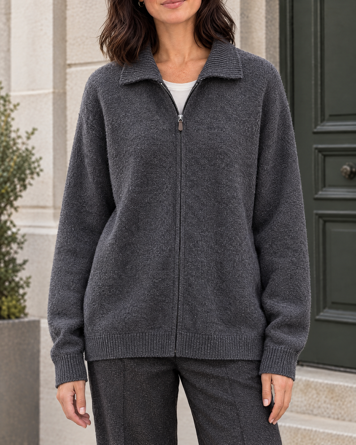 Women's Stand-Collar Wool Cardigan — Dark gray — hero [WB gallery 191/1]